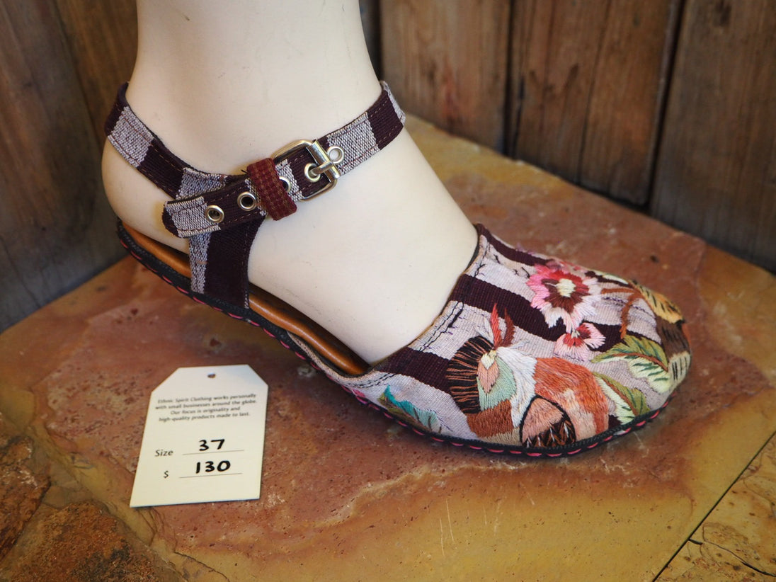 coloured birds and flower on brown and tan stripes